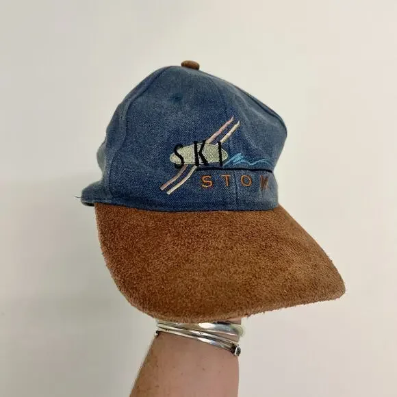 EXP Headwear denim blue tan suede vintage Ski Stowe Vermont suede baseball hat